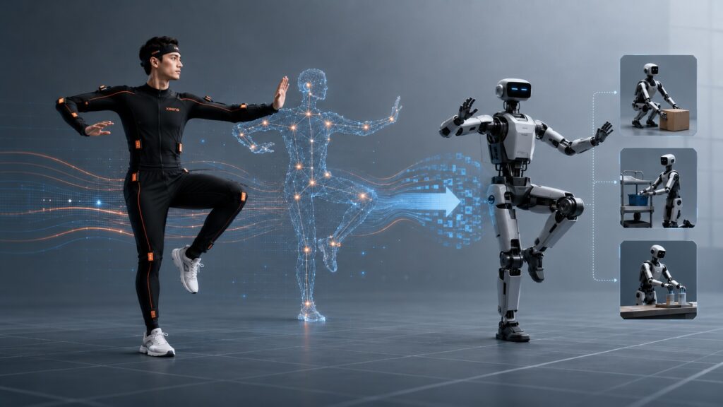 Xsesn ヒューマノイドによる人間の動きをロボットへ伝える模倣学習シーン