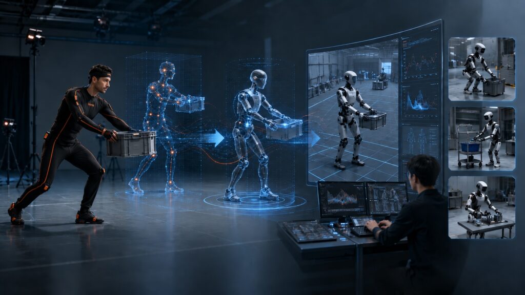 Xsensで取得した人の動作データを、シミュレーションAIとデジタルツイン上の人型ロボットに反映し、作業動作を検証しているシーン