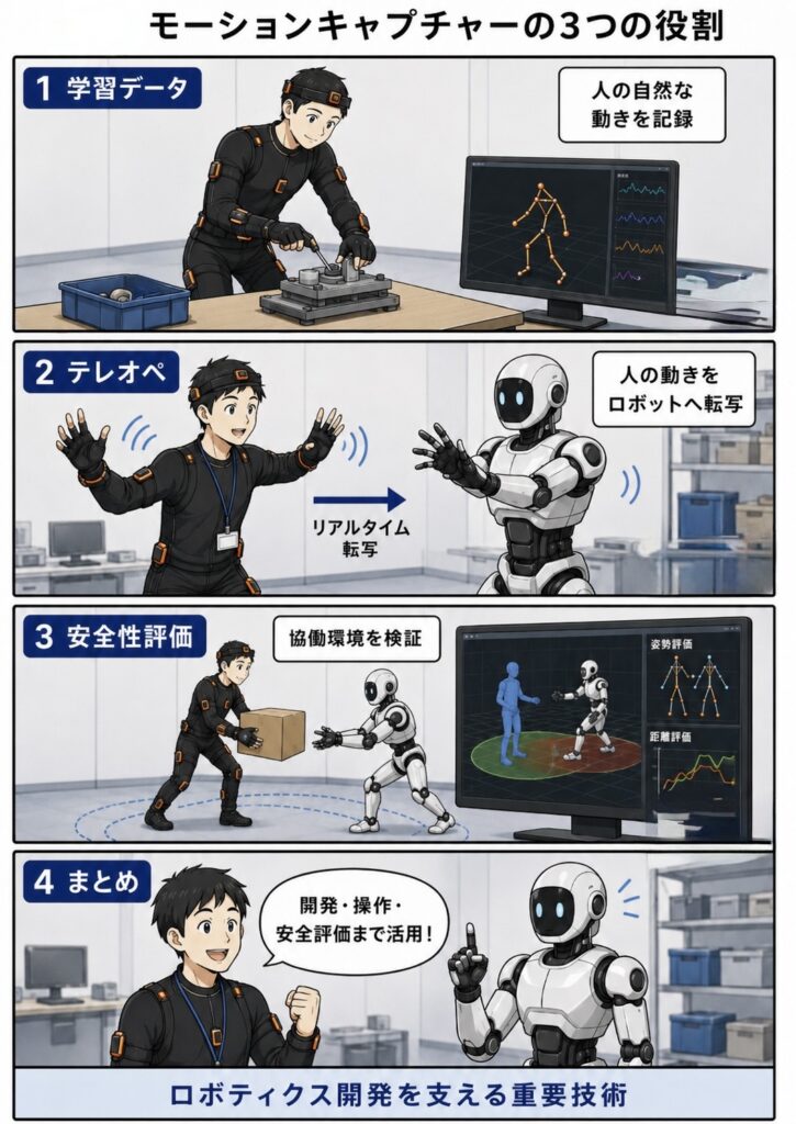 モーションキャプチャーの役割を簡単に解説する4コマ漫画