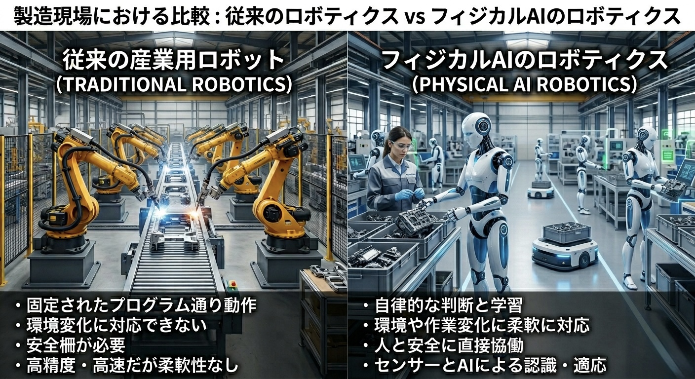 従来のロボティクスと現在進行形のフィジカルAIとの比較画像。固定動作を行うロボティクスに対して、自律的で作業内容に柔軟に対応
