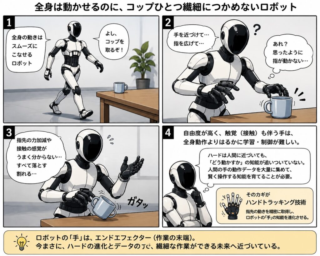 全身を滑らかに動かせるロボットでも、コップをつかむような繊細な手の操作は難しいことを説明した4コマ漫画。指先の力加減や触覚の制御が難しく、物を落としたり壊したりしてしまう。ロボットハンドを賢く制御するには、人の手の動きを高精度に取得するハンドトラッキング技術と、大量の実データによる学習が重要であることを紹介している。
