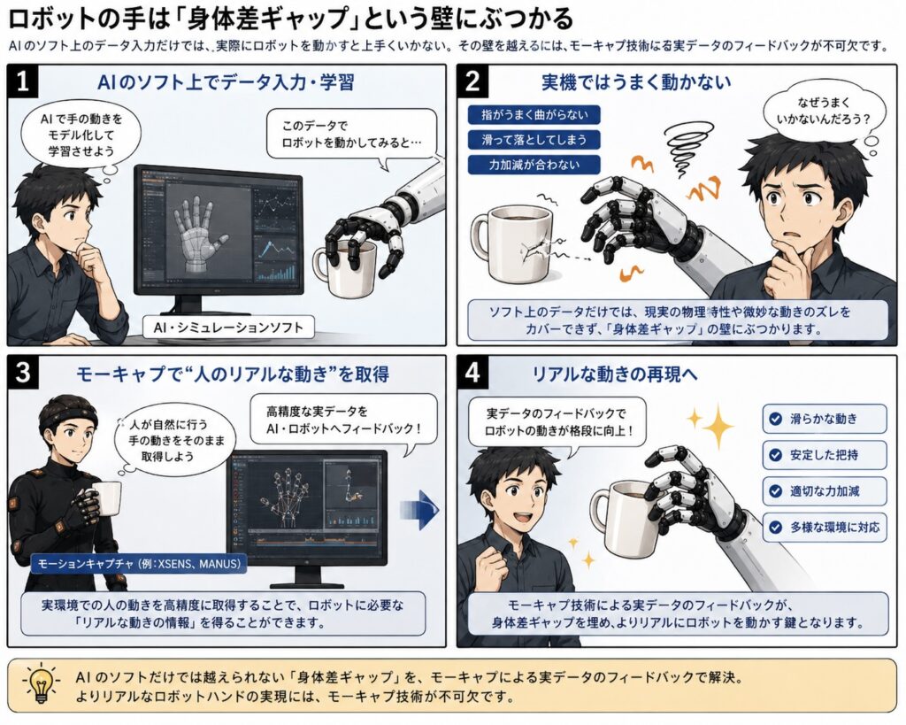 人の手の動きをそのままロボットハンドへコピーしても、人とロボットの骨格や自由度、触覚などの違いによる「身体差ギャップ」によって自然な動作にならないことを説明した4コマ漫画。課題を解決するために、リターゲティング、強化学習による補正、触覚・接触情報の活用が必要であり、その基盤となる高品質なハンドトラッキングデータの重要性を示している。