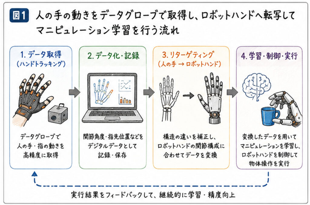 データグローブで人の手や指の動きを計測し、関節角度や位置情報としてデジタル化・記録。その後、ロボットハンドの構造に合わせてデータをリターゲティングし、AIによるマニピュレーション学習・制御に利用する一連の流れを示した図。実行結果は再びデータ収集へフィードバックされ、継続的に精度を向上させる。