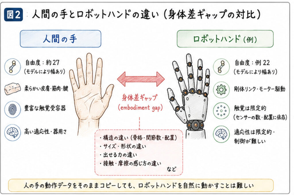 人間の手とロボットハンドを比較し、骨格構造、自由度、柔軟性、触覚、適応能力などの違いによって生じる「身体差ギャップ(Embodiment Gap)」を示した図。人の手の動作データをそのままロボットへ適用することは難しく、リターゲティングや補正が必要であることを説明するイラスト図