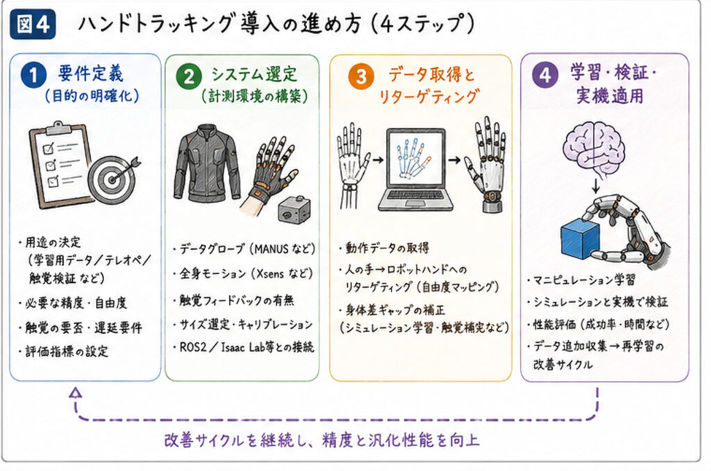ハンドトラッキングを導入する際の4つのステップを示した図。①要件定義、②計測システムの選定・構築、③人の手からロボットハンドへのデータ取得とリターゲティング、④AI学習・実機検証・性能評価の順に進め、改善サイクルを繰り返して精度と汎化性能を高める流れを説明。