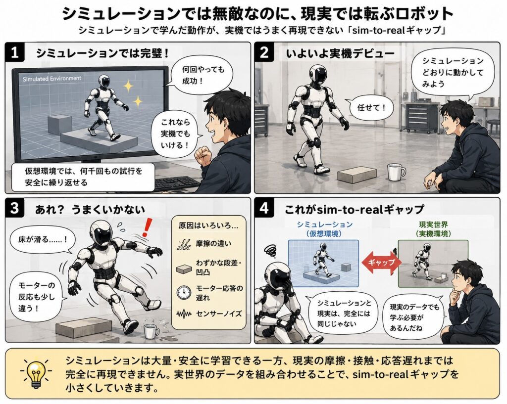 sim-to-real ギャップの説明マンガ。シミュレーションでは無敵なのに、現実では転ぶロボット