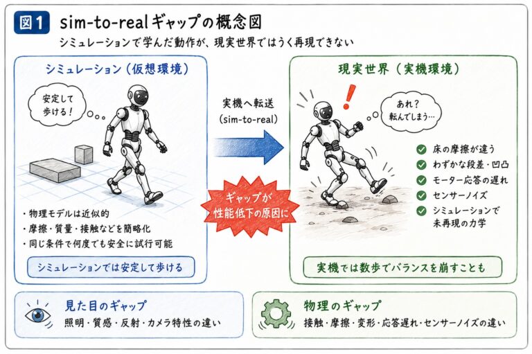 シミレーションで学んだ動作が現実世界ではうまく再現できないというsim-to-realギャップの概念図
