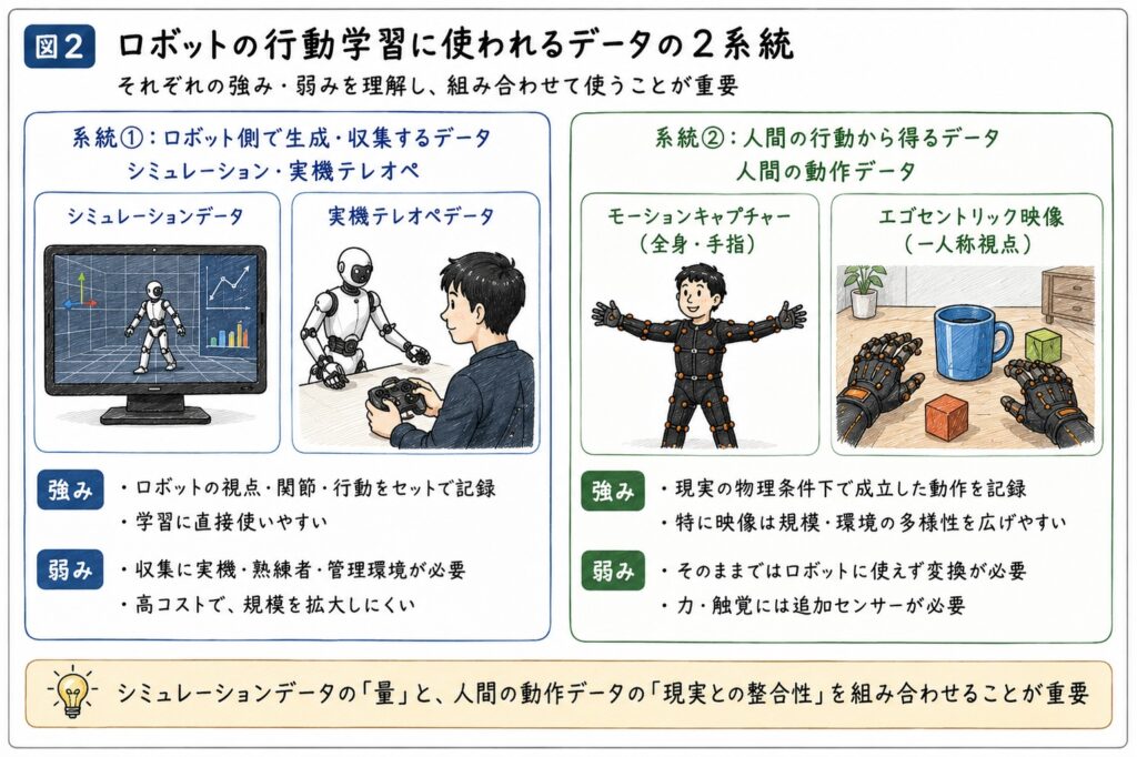 ロボットの行動学習に使われるデータである実機テレオペレーションと人間の動作データの2系統を説明する図