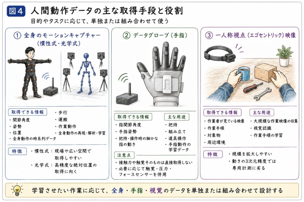フィジカルAIにおいて人間動作データの主な取得手段と役割を示す図