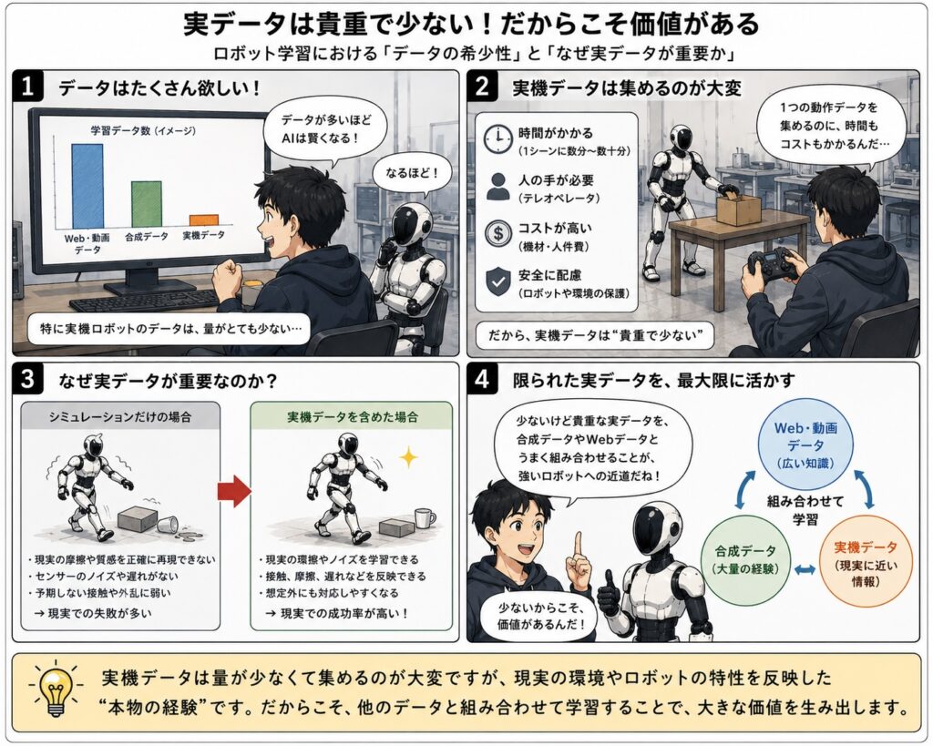 マンガによる説明。フィジカルAIにおいて実データは貴重で少ない。だからこそ価値がある