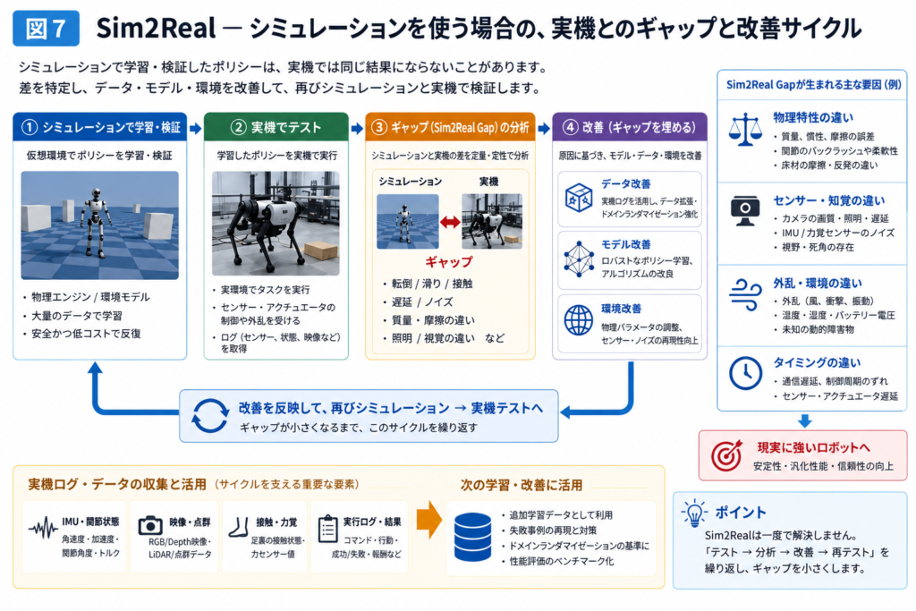 Sim2Realーシミュレーションを使う場合の、実機とのギャップと改善サイクルについて図解しています。