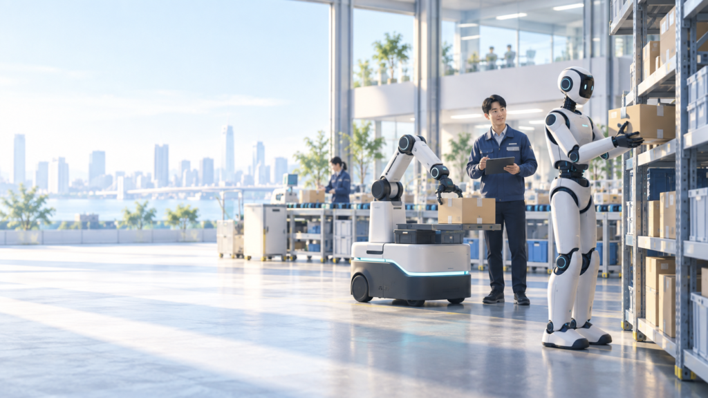 ロボット（ヒューマノイドやアーム型ロボット）と人が協働するシーン