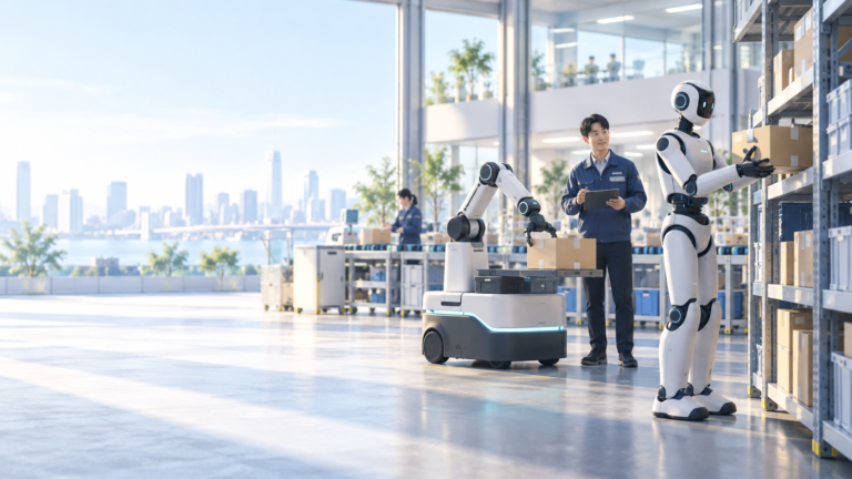 ロボット（ヒューマノイドやアーム型ロボット）と人が協働するシーン