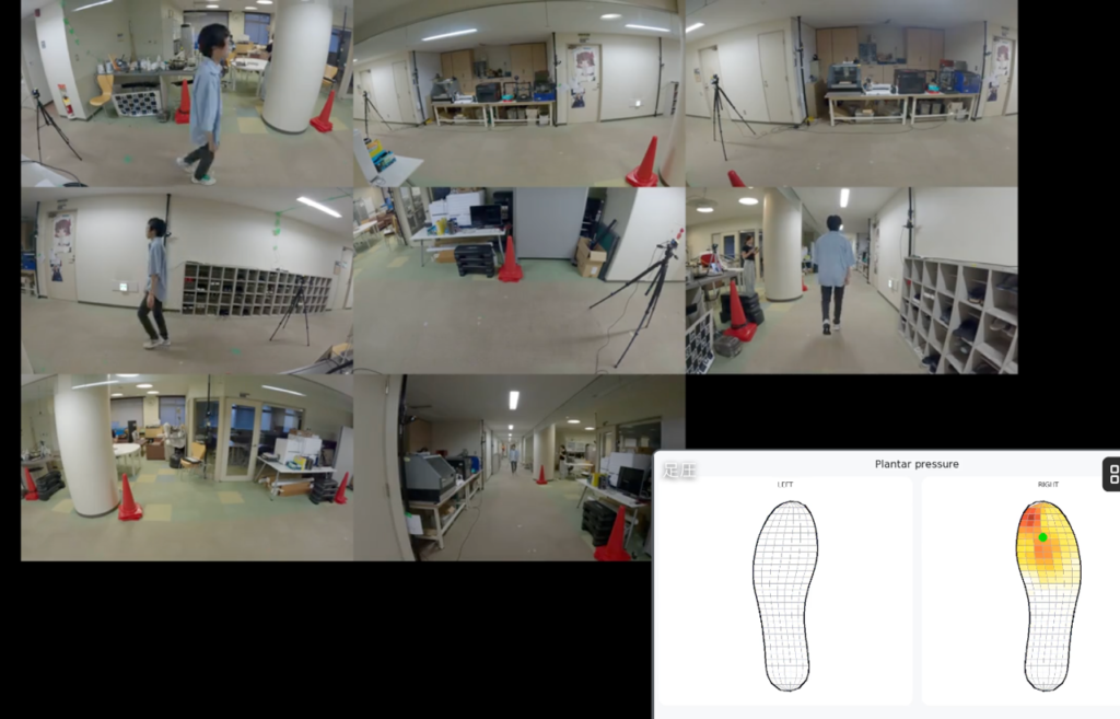 Moticonの足圧インソールで歩行計測をしている様子。東京科学大学では、全身の運動推定を研究しています。